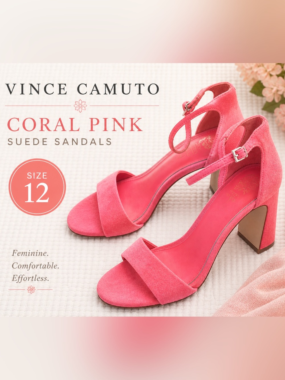 Vince Camuto Coral Pink Suede Block Heel Sandals Ankle Strap Sz 12